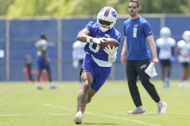 Buffalo Bills wide receiver Keon Coleman makes a catch during Minicamp at Highmark Stadium.