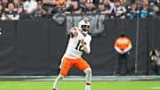 Nov 23, 2025; Paradise, Nevada, USA; Cleveland Browns quarterback Shedeur Sanders (12) makes a pass attempt against the Las Vegas Raiders during the fourth quarter at Allegiant Stadium. Mandatory Credit: Stephen R. Sylvanie-Imagn Images