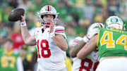 Ohio State Buckeyes quarterback Will Howard (18) throws during the first half of the College Football Playoff quarterfinal against the Oregon Ducks at the Rose Bowl in Pasadena, Calif. on Jan. 1, 2025.