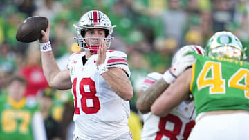 Ohio State Buckeyes quarterback Will Howard (18) throws during the first half of the College Football Playoff quarterfinal against the Oregon Ducks at the Rose Bowl in Pasadena, Calif. on Jan. 1, 2025.