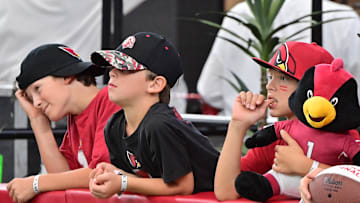 Sep 29, 2024; Glendale, Arizona, USA;  Young Arizona Cardinals react inthe second half against the Washington Commanders at State Farm Stadium. Mandatory Credit: Matt Kartozian-Imagn Images