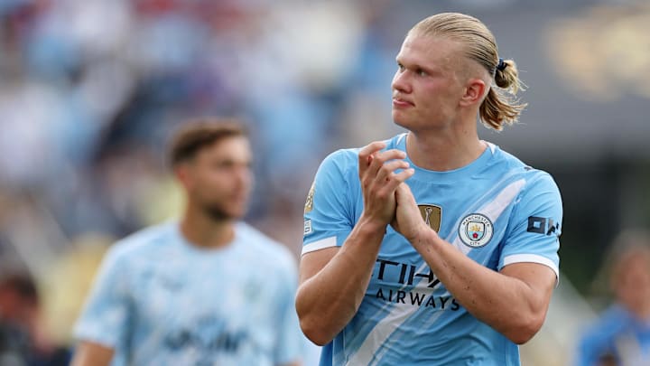 Manchester City forward Erling Haaland looks to lead his side to a victory against Manchester United.