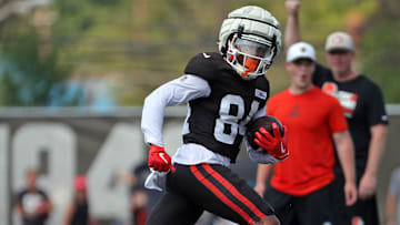 Cleveland Browns wide receiver Gage Larvadain (84) runs for a touchdown during NFL training camp at CrossCountry Mortgage Campus, Wednesday, July 30, 2025, in Berea, Ohio.