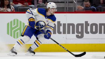 Apr 7, 2024; Detroit, Michigan, USA; Buffalo Sabres defenseman Bowen Byram (4) skates with the puck in the second period against the Detroit Red Wings at Little Caesars Arena. Mandatory Credit: Rick Osentoski-USA TODAY Sports