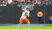 Nov 23, 2025; Paradise, Nevada, USA; Cleveland Browns quarterback Shedeur Sanders (12) makes a pass attempt against the Las Vegas Raiders during the fourth quarter at Allegiant Stadium. Mandatory Credit: Stephen R. Sylvanie-Imagn Images