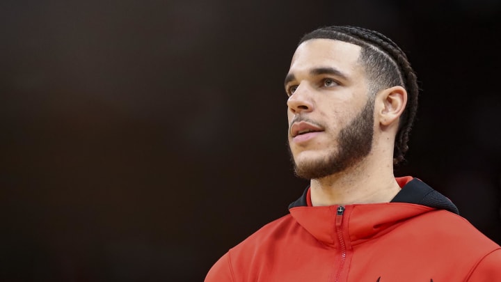 Nov 24, 2021; Houston, Texas, USA; Chicago Bulls guard Lonzo Ball (2) before the game against the Houston Rockets at Toyota Center. 