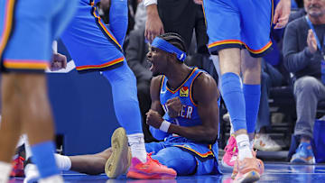 Nov 23, 2025; Oklahoma City, Oklahoma, USA; Oklahoma City Thunder guard Shai Gilgeous-Alexander (2) shouts and celebrates after a basket against the Portland Trail Blazers during the first quarter at Paycom Center. Mandatory Credit: Alonzo Adams-Imagn Images