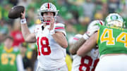 Ohio State Buckeyes quarterback Will Howard (18) throws during the first half of the College Football Playoff quarterfinal against the Oregon Ducks at the Rose Bowl in Pasadena, Calif. on Jan. 1, 2025.