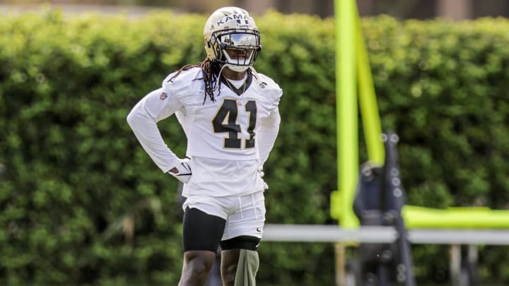 Jul 29, 2022; Metairie, LA, USA;  New Orleans Saints running back Alvin Kamara (41) during training camp at Ochsner Sports Performance Center. Mandatory Credit: Stephen Lew-USA TODAY Sports