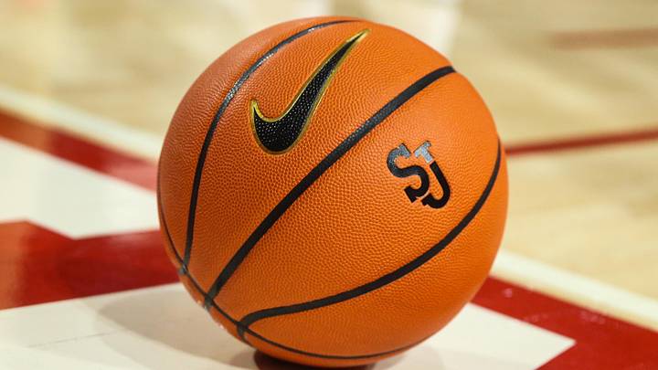 Jan 3, 2023; Queens, New York, USA;  A basketball with the St. John's Red Storm logo at Carnesecca Arena. Mandatory Credit: Wendell Cruz-Imagn Images