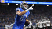 Sep 24, 2023; Detroit, Michigan, USA; Detroit Lions tight end Sam LaPorta (87) celebrates after catching a touchdown pass against the Atlanta Falcons in the second quarter at Ford Field. Mandatory Credit: Lon Horwedel-USA TODAY Sports