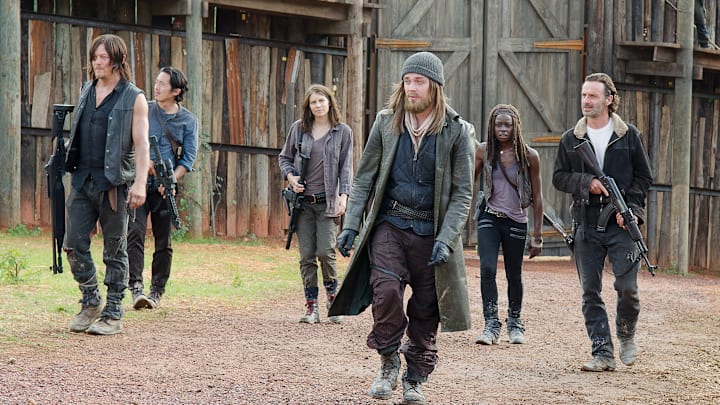 Steven Yeun as Glenn Rhee, Danai Gurira as Michonne, Michael Cudlitz as Abraham, Andrew Lincoln as Rick Grimes, Lauren Cohan as Maggie Greene, Norman Reedus as Daryl Dixon, and Tom Payne as Jesus - The Walking Dead _ Season 6, Episode 11 - Photo Credit: Gene Page/AMC