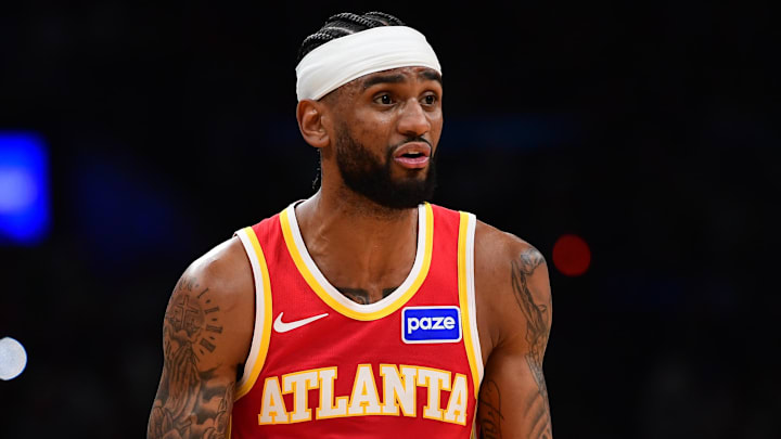 Mar 27, 2026; Boston, Massachusetts, USA; Atlanta Hawks guard Nickeil Alexander-Walker (7) reacts during the second half against the Boston Celtics at TD Garden. Mandatory Credit: Bob DeChiara-Imagn Images
