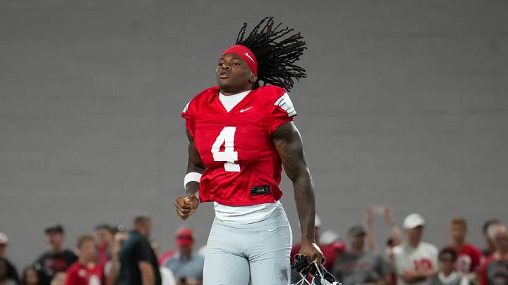 Ohio State Buckeyes wide receiver Jeremiah Smith (4) takes the field for football training camp inside the Woody Hayes Athletic Center in Columbus on Aug. 7, 2026.