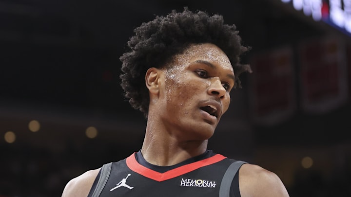 Houston Rockets guard Amen Thompson (1) reacts after a play during the second quarter against the Oklahoma City Thunder at Toyota Center on Jan 15, 2026.