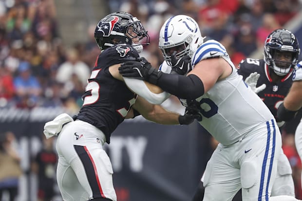 Indianapolis Colts guard Quenton Nelson (56) blocks against Houston Texans linebacker Jake Hansen (35).
