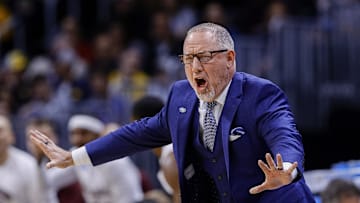 March 20, 2025; Denver, CO, USA; Texas A&M Aggies head coach Buzz Williams reacts during the first half against the Yale Bulldogs at Ball Arena. Mandatory Credit: Isaiah J. Downing-Imagn Images