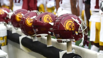 Sep 18, 2021; Pullman, Washington, USA; USC Trojans helmets sit during a game against the Washington State Cougars in the first half at Gesa Field at Martin Stadium. Mandatory Credit: James Snook-USA TODAY Sports