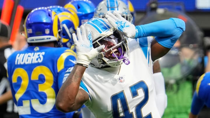 Oct 24, 2021; Inglewood, California, USA; Detroit Lions safety Jalen Elliott (42) celebrates the Lions recovering an onside kick in the first quarter at SoFi Stadium. 