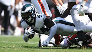 Aug 16, 2025; Philadelphia, Pennsylvania, USA; Philadelphia Eagles safety Andrew Mukuba (24) recovers a fumble against the Cleveland Browns during the second quarter at Lincoln Financial Field. Mandatory Credit: Bill Streicher-Imagn Images