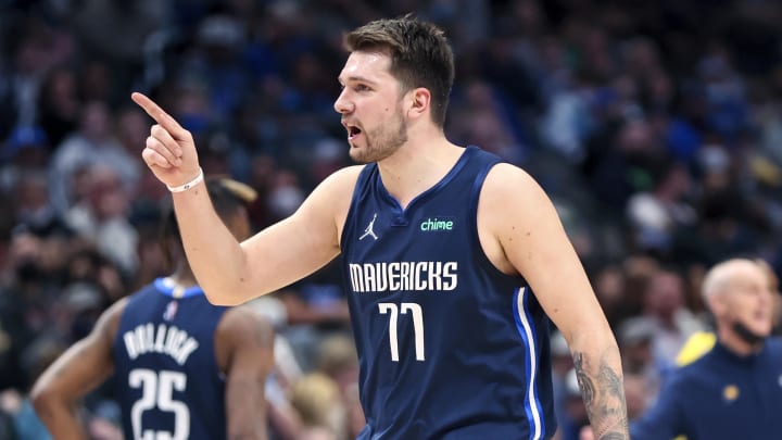 Jan 29, 2022; Dallas, Texas, USA;  Dallas Mavericks guard Luka Doncic (77) reacts during a game against the Pacers.