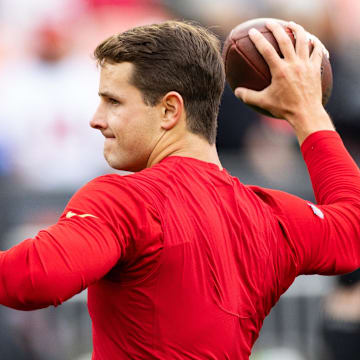 Oct 15, 2023; Cleveland, Ohio, USA; San Francisco 49ers quarterback Brock Purdy (13) throws the ball during warm ups before the game against the Cleveland Browns at Cleveland Browns Stadium. Mandatory Credit: Scott Galvin-Imagn Images