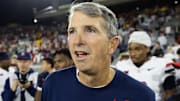 Nov 28, 2025; Tempe, Arizona, USA; Arizona Wildcats head coach Brent Brennan against the Arizona State Sun Devils during the 99th Territorial Cup at Mountain America Stadium. Mandatory Credit: Mark J. Rebilas-Imagn Images