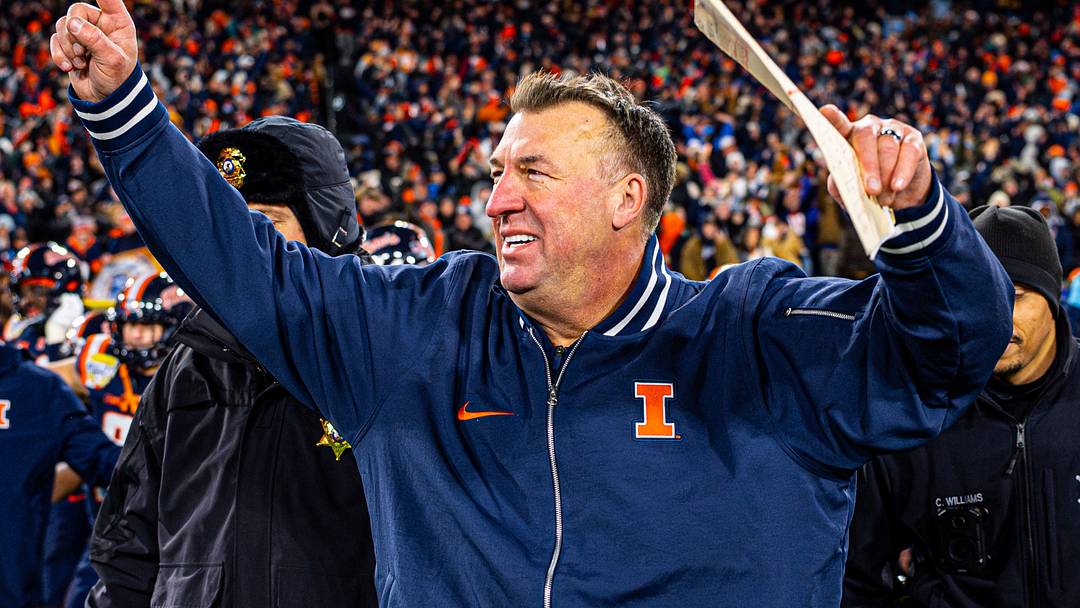 Illinois coach Bret Bielema celebrates after the Illini's 30-28 win over No. 23 Tennessee in the Music City Bowl on Dec. 30, 2025, at Nissan Stadium in Nashville, Tennessee. Illinois coach Bret Bielema celebrates after the Illini's 30-28 win over No. 23 Tennessee in the Music City Bowl on Dec. 30, 2025, at Nissan Stadium in Nashville, Tennessee.