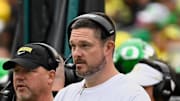 Oct 11, 2025; Eugene, Oregon, USA; Oregon Ducks head coach Dan Lanning instructs his team from the sideline against the Indiana Hoosiers during the third quarter at Autzen Stadium. Mandatory Credit: Troy Wayrynen-Imagn Images