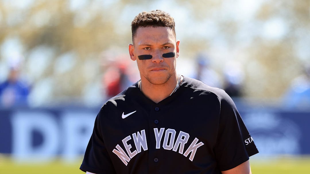 Feb 24, 2026; Dunedin, Florida, USA;  New York Yankees right fielder Aaron Judge (99) looks on against the Toronto Blue Jays during the second inning at TD Ballpark. Mandatory Credit: Kim Klement Neitzel-Imagn Images