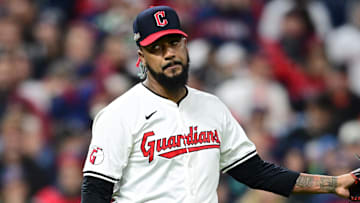 Oct 18, 2024; Cleveland, Ohio, USA; Cleveland Guardians pitcher Emmanuel Clase (48) reacts in the ninth inning against the New York Yankees during game four of the ALCS for the 2024 MLB playoffs at Progressive Field. Mandatory Credit: David Dermer-Imagn Images