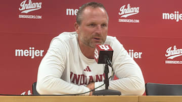 Indiana basketball coach Darian DeVries speaks to reporters Sept. 30, 2025, at IU basketball media day in Assembly Hall.
