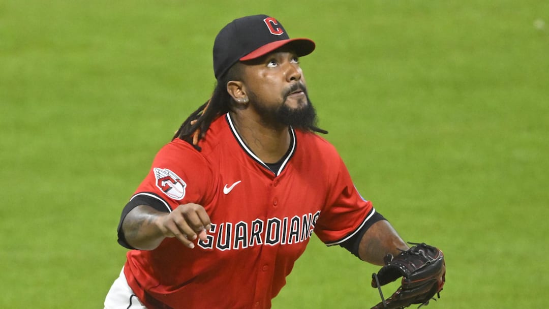 Jul 22, 2025; Cleveland, Ohio, USA; Cleveland Guardians relief pitcher Emmanuel Clase (48) watches a fly ball on the final out of a game in the ninth inning against the Baltimore Orioles at Progressive Field. Mandatory Credit: David Richard-Imagn Images
