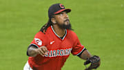 Jul 22, 2025; Cleveland, Ohio, USA; Cleveland Guardians relief pitcher Emmanuel Clase (48) watches a fly ball on the final out of a game in the ninth inning against the Baltimore Orioles at Progressive Field. Mandatory Credit: David Richard-Imagn Images