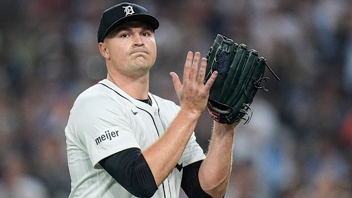 Detroit Tigers pitcher Tarik Skubal (29) walks off the field after a pitching change against Chicago Cubs during the eighth inning at Comerica Park in Detroit on Friday, June 6, 2025.