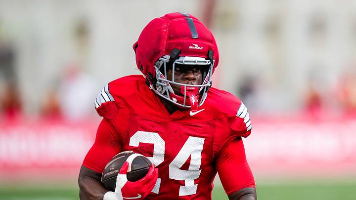 Running back Ja'kobi Jackson (24) runs the ball during the Ohio State football spring game at Ohio Stadium on Saturday, April 18, 2026 in Columbus, Ohio.