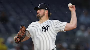 Apr 2, 2025; Bronx, New York, USA; New York Yankees starting pitcher Carlos Rodon (55) delivers a pitch during the first inning against the Arizona Diamondbacks at Yankee Stadium. 