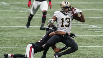 Dec 6, 2020; Atlanta, Georgia, USA; New Orleans Saints wide receiver Michael Thomas (13) holds on to