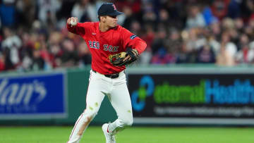 May 10, 2024; Boston, Massachusetts, USA; Boston Red Sox second baseman Vaughn Grissom (5) throws out Washington Nationals left fielder Eddie Rosario (not pictured) after fielding a ground ball during the sixth inning at Fenway Park. Mandatory Credit: Gregory Fisher-USA TODAY Sports