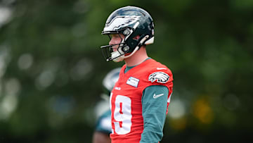 Jun 10, 2025; Philadelphia, PA, USA; Philadelphia Eagles quarterback Kyle McCord (19) looks on during a practice drill at NovaCare Complex. Mandatory Credit: Kyle Ross-Imagn Images