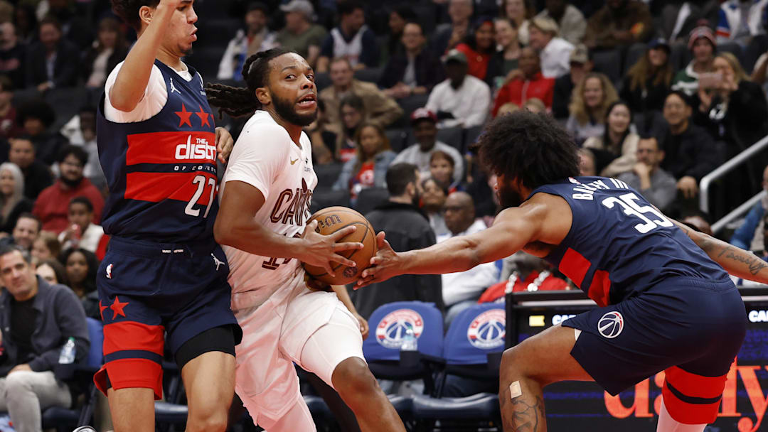 Nov 7, 2025; Washington, District of Columbia, USA; Cleveland Cavaliers guard Darius Garland (10) drives to the basket as Washington Wizards guard Will Riley (27).and Wizards forward Marvin Bagley III (35) defend in the second half in an Emirates NBA Cup game at Capital One Arena. Mandatory Credit: Geoff Burke-Imagn Images Nov 7, 2025; Washington, District of Columbia, USA; Cleveland Cavaliers guard Darius Garland (10) drives to the basket as Washington Wizards guard Will Riley (27).and Wizards forward Marvin Bagley III (35) defend in the second half in an Emirates NBA Cup game at Capital One Arena. Mandatory Credit: Geoff Burke-Imagn Images