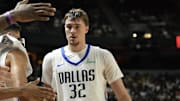 Jul 10, 2025; Las Vegas, NV, USA; Dallas Mavericks forward Cooper Flagg (32) subs out against the Los Angeles Lakers in the second quarter of their game at Thomas & Mack Center. Mandatory Credit: Candice Ward-Imagn Images