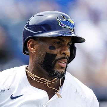 Tampa Bay Rays first baseman Yandy Diaz (2) runs to first base after a hit against the Los Angeles Dodgers during the fifth inning at George M. Steinbrenner Field. 
