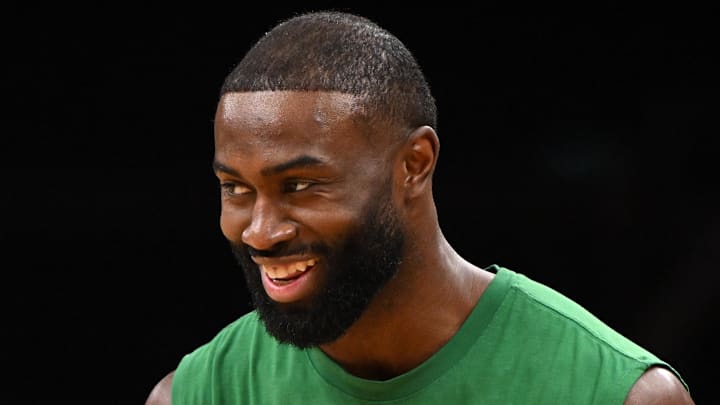 Jan 10, 2026; Boston, Massachusetts, USA; Boston Celtics guard Jaylen Brown (7) during warmups before a game against the San Antonio Spurs during the first half at the TD Garden. Mandatory Credit: Brian Fluharty-Imagn Images