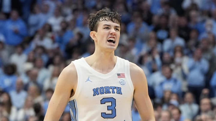 North Carolina Tar Heels guard Cormac Ryan (3) reacts in the second half at Dean E. Smith Center on February 3, 2024.