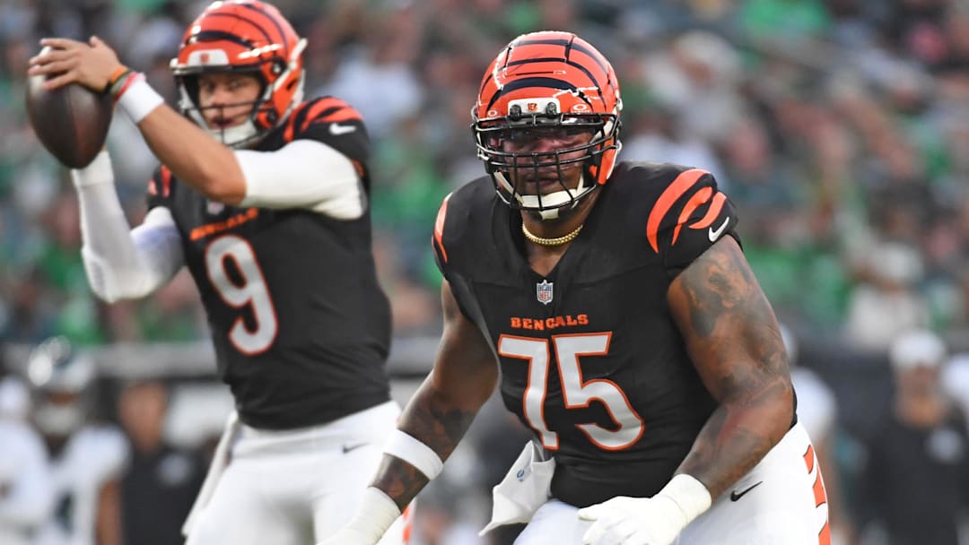Aug 7, 2025; Philadelphia, Pennsylvania, USA; Cincinnati Bengals offensive tackle Orlando Brown Jr. (75) against the Philadelphia Eagles at Lincoln Financial Field. Mandatory Credit: Eric Hartline-Imagn Images