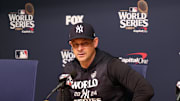 Oct 24, 2024; Los Angeles, CA, USA;  New York Yankees manager Aaron Boone (17) speaks to the media during a press conference on workout day at Dodgers Stadium. Mandatory Credit: Kiyoshi Mio-Imagn Images