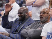 May 24, 2024; Minneapolis, Minnesota, USA; Shaquille O'Neal looks on in the first half between the Minnesota Timberwolves and the Dallas Mavericks during game two of the western conference finals for the 2024 NBA playoffs at Target Center. Mandatory Credit: Brad Rempel-USA TODAY Sports