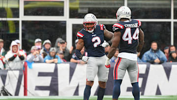Sep 7, 2025; Foxborough, Massachusetts, USA; New England Patriots linebacker Harold Landry III (2) reacts against the Las Vegas Raiders during the second half at Gillette Stadium. Mandatory Credit: Bob DeChiara-Imagn Images