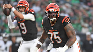 Aug 7, 2025; Philadelphia, Pennsylvania, USA; Cincinnati Bengals offensive tackle Orlando Brown Jr. (75) against the Philadelphia Eagles at Lincoln Financial Field. Mandatory Credit: Eric Hartline-Imagn Images